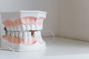Close-up of a full set of dentures
